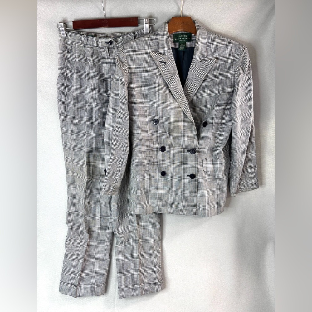 Lauren Ralph Lauren 6P Linen Glen Check in Black White Double Breasted Pantsuit